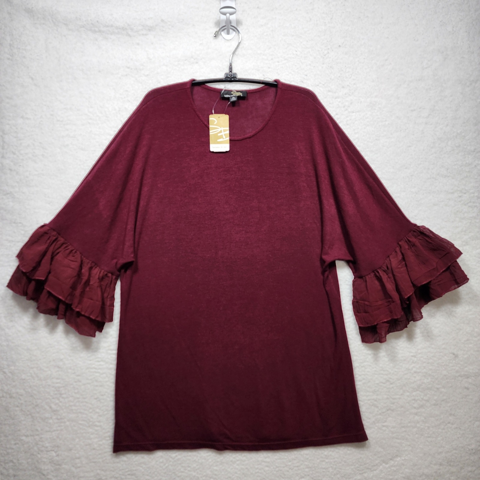 Suzanne Betro Womens Burgundy Ruffle Tiered Sleeve Knit Top U8602167 Medium New